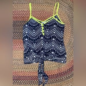 Women's Black and White Patterned Top with Neon Accents